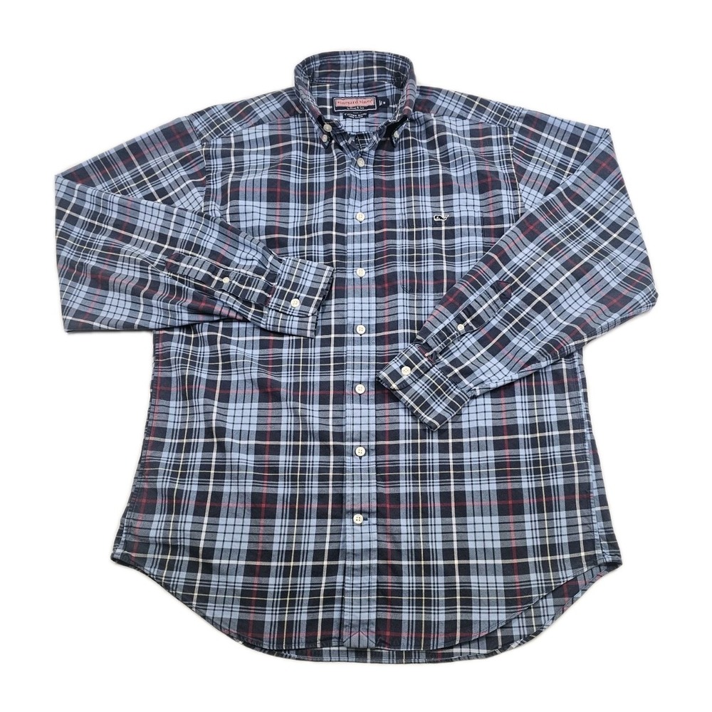 Vineyard Vines Tucker Shirt Mens Medium Blue Black Plaid Long Sleeve Dress Shirt